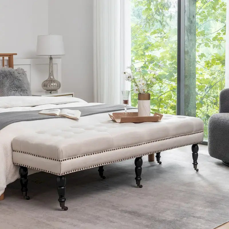 Fabric Accent Bench with Rubberwood Legs and Wheels