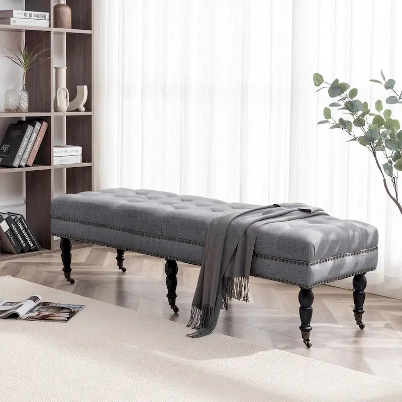 Fabric Accent Bench with Rubberwood Legs and Wheels