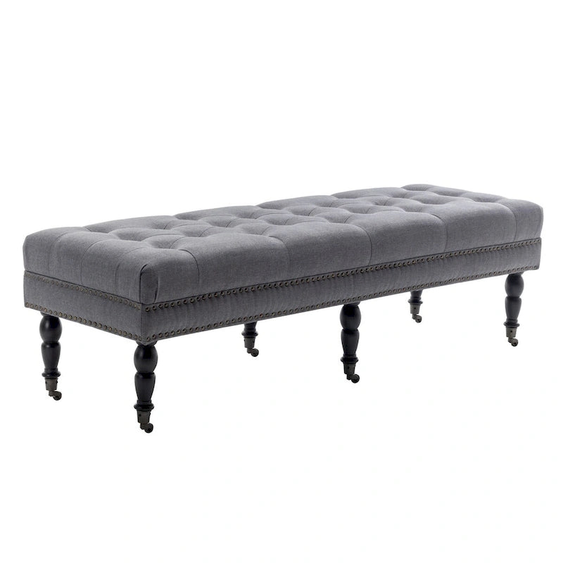 Fabric Accent Bench with Rubberwood Legs and Wheels