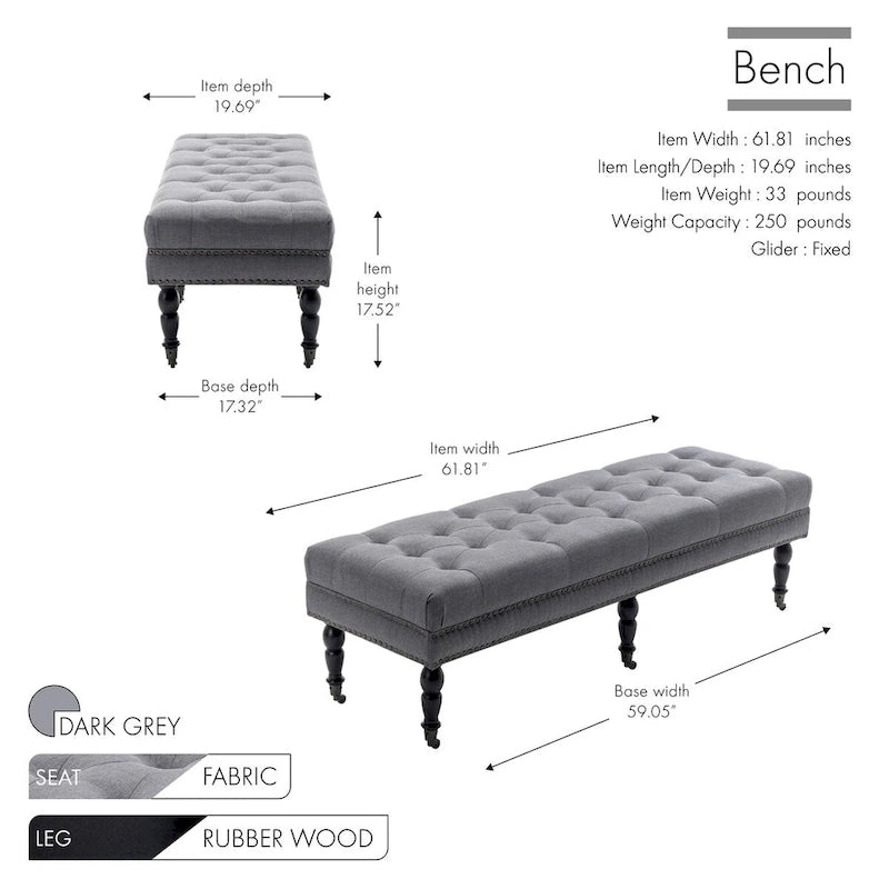 Fabric Accent Bench with Rubberwood Legs and Wheels