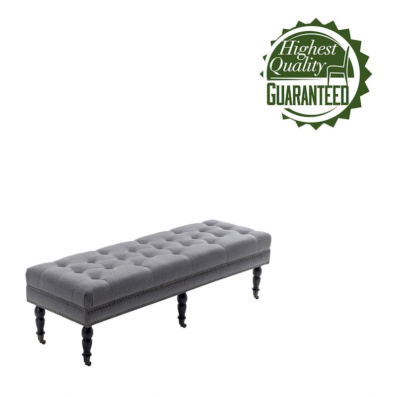 Fabric Accent Bench with Rubberwood Legs and Wheels