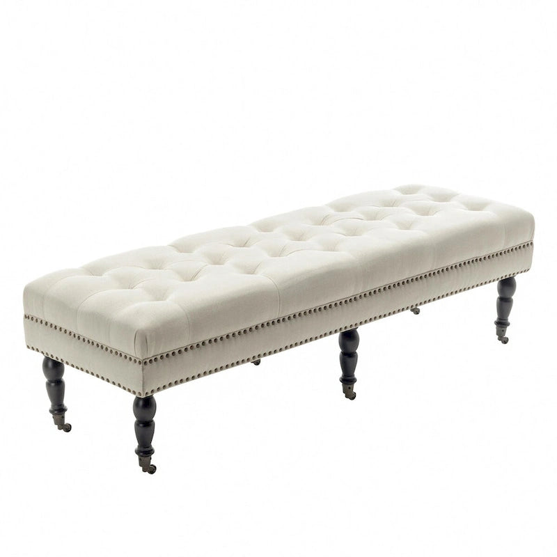 Fabric Accent Bench with Rubberwood Legs and Wheels