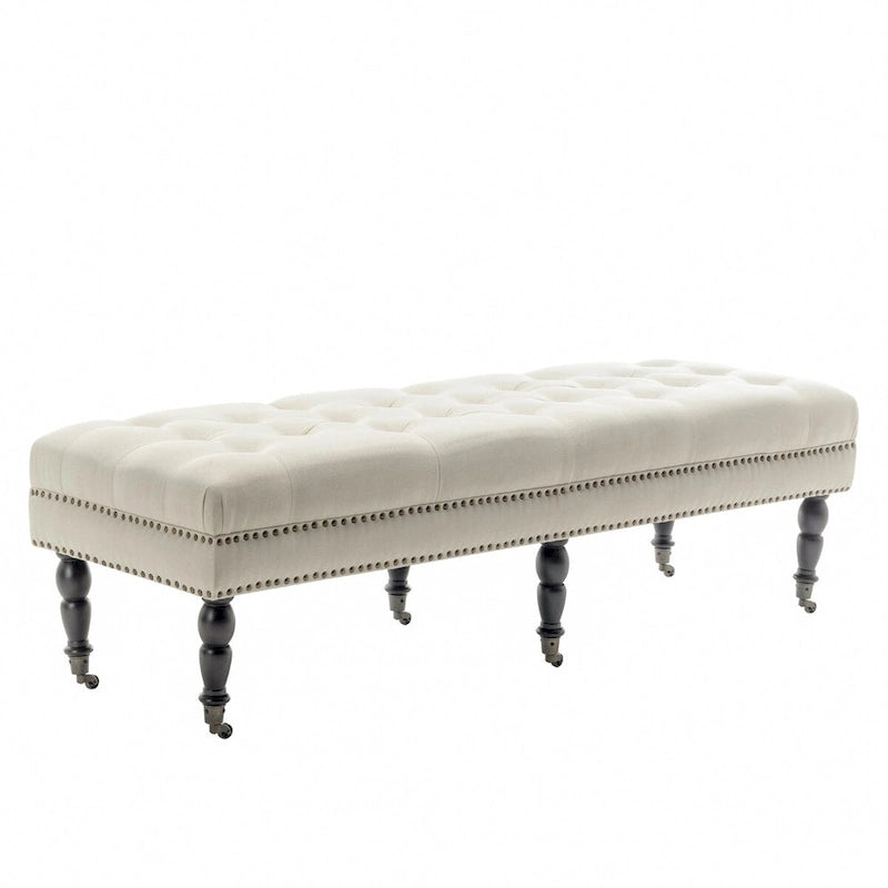 Fabric Accent Bench with Rubberwood Legs and Wheels