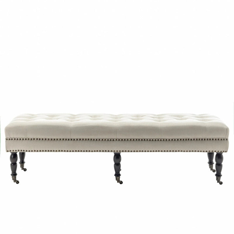 Fabric Accent Bench with Rubberwood Legs and Wheels