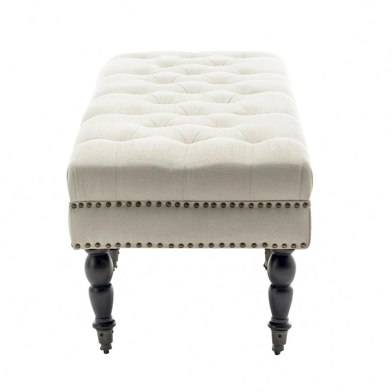 Fabric Accent Bench with Rubberwood Legs and Wheels