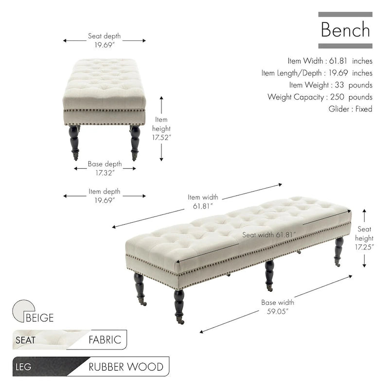 Fabric Accent Bench with Rubberwood Legs and Wheels