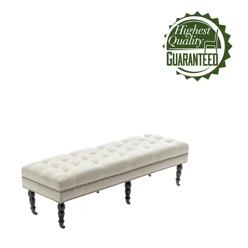 Fabric Accent Bench with Rubberwood Legs and Wheels