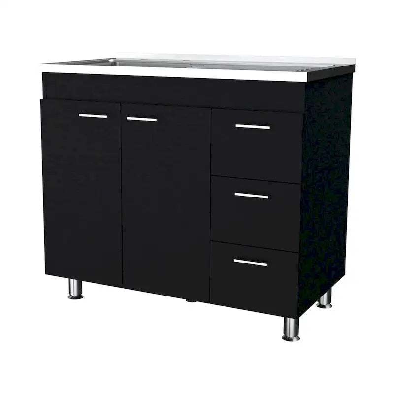 Base cabinet, three drawers, stainless steel countertop.