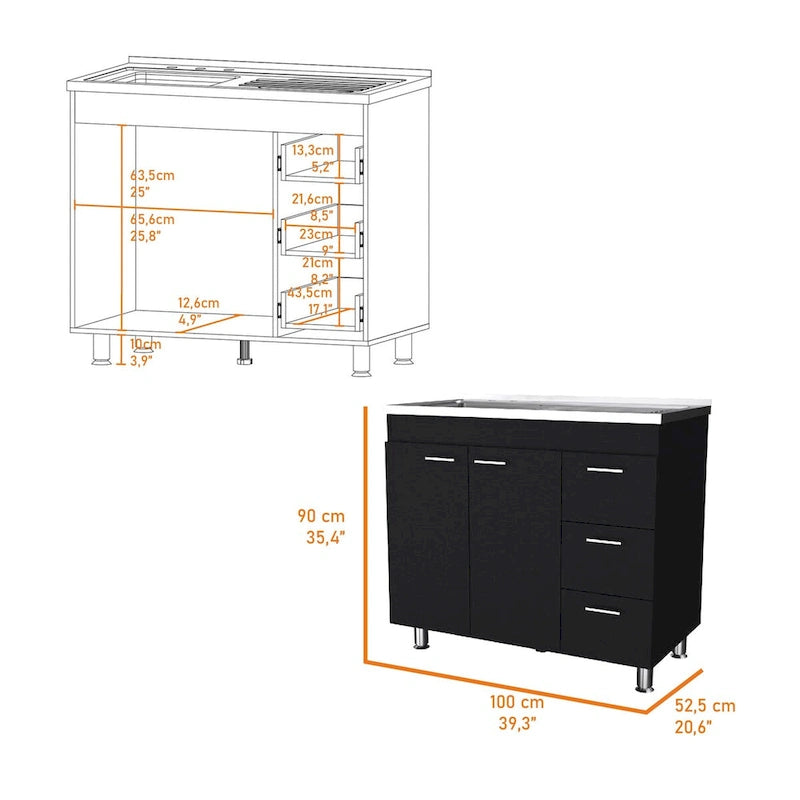 Base cabinet, three drawers, stainless steel countertop.