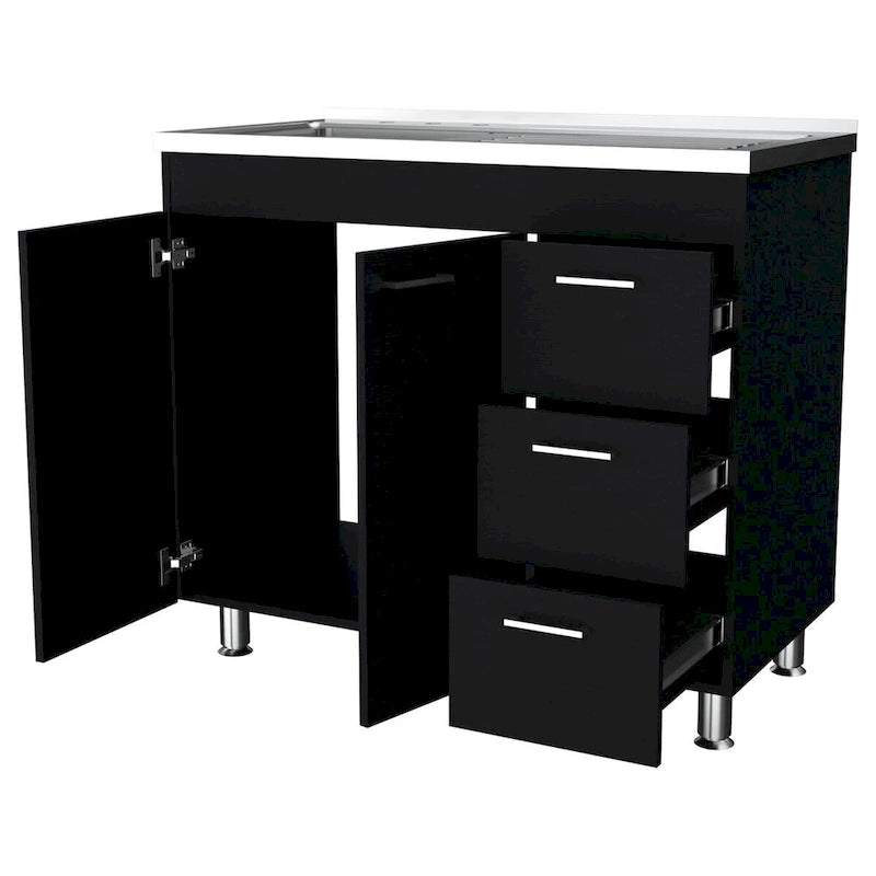 Base cabinet, three drawers, stainless steel countertop.