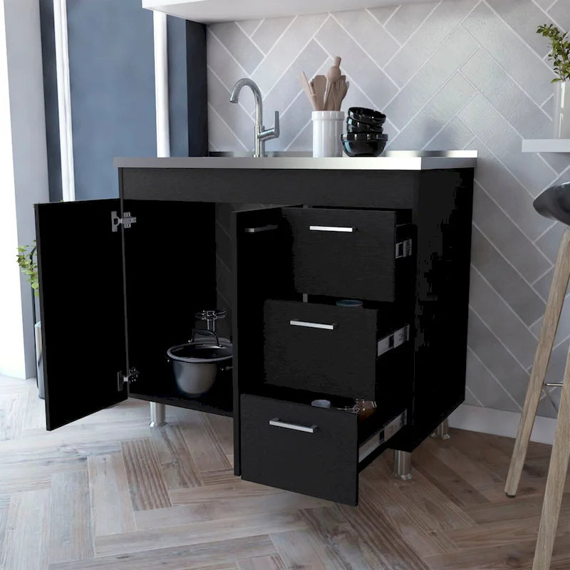 Base cabinet, three drawers, stainless steel countertop.