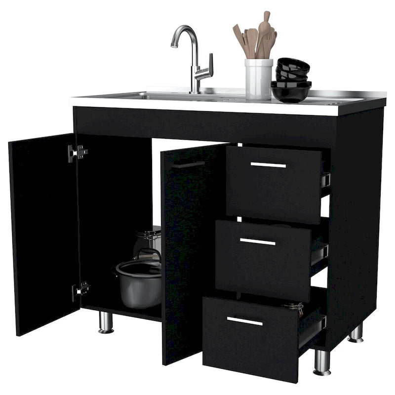Base cabinet, three drawers, stainless steel countertop.