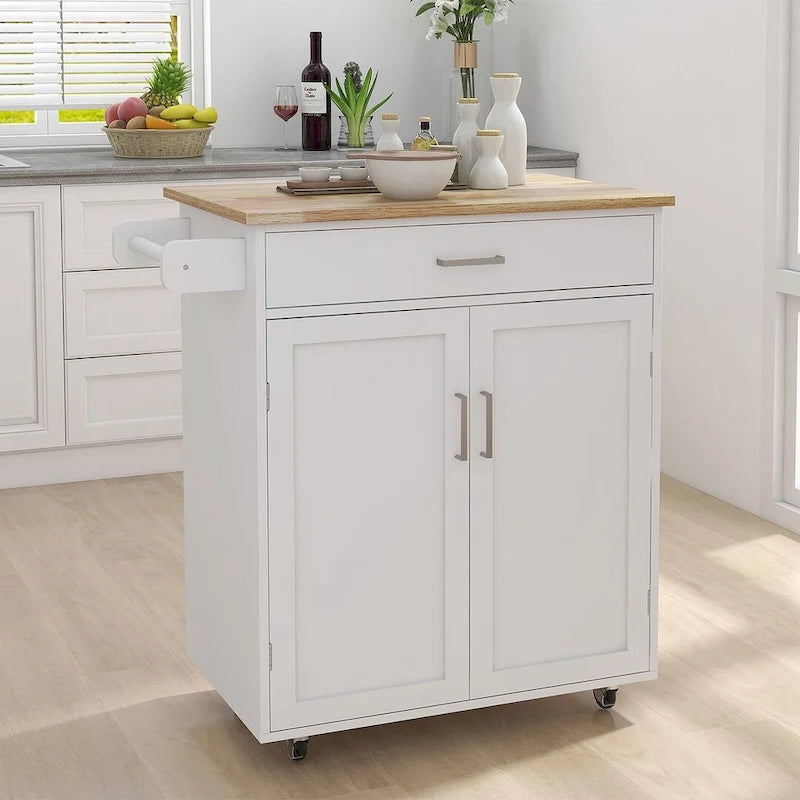 32.87 W Modern Rubberwood Countertop Kitchen Island with Adjustable Shelves and Towel Racks