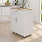 Îlot de cuisine moderne en bois d'hévéa de 32,87 po de large avec étagères réglables et porte-serviettes