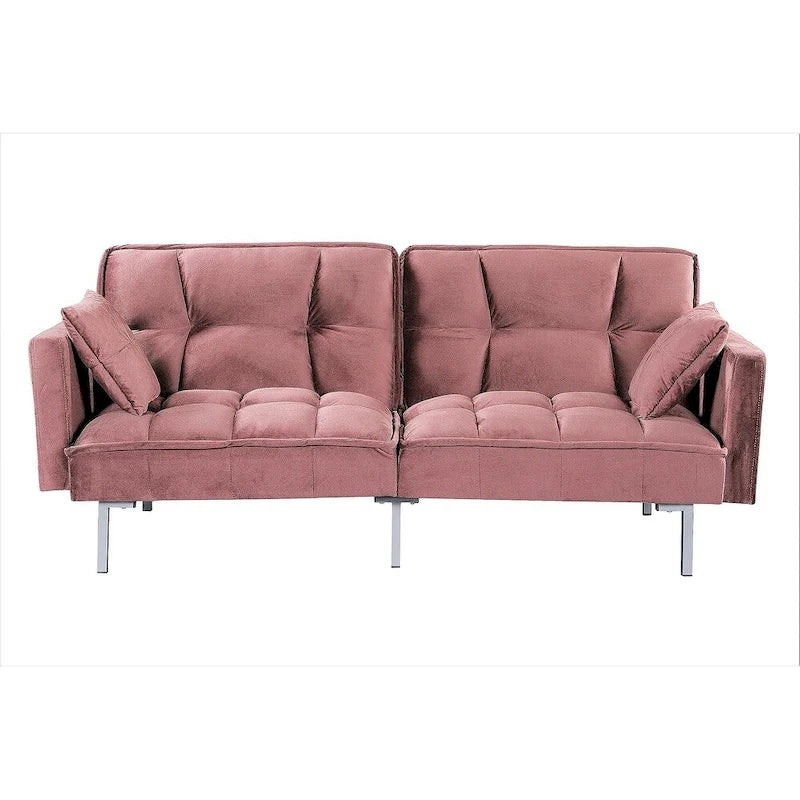 Convertible Sleeper Sofa Bed Velvet Pull Out Couch with Mid-Century Style Tufted Design and Metal Legs