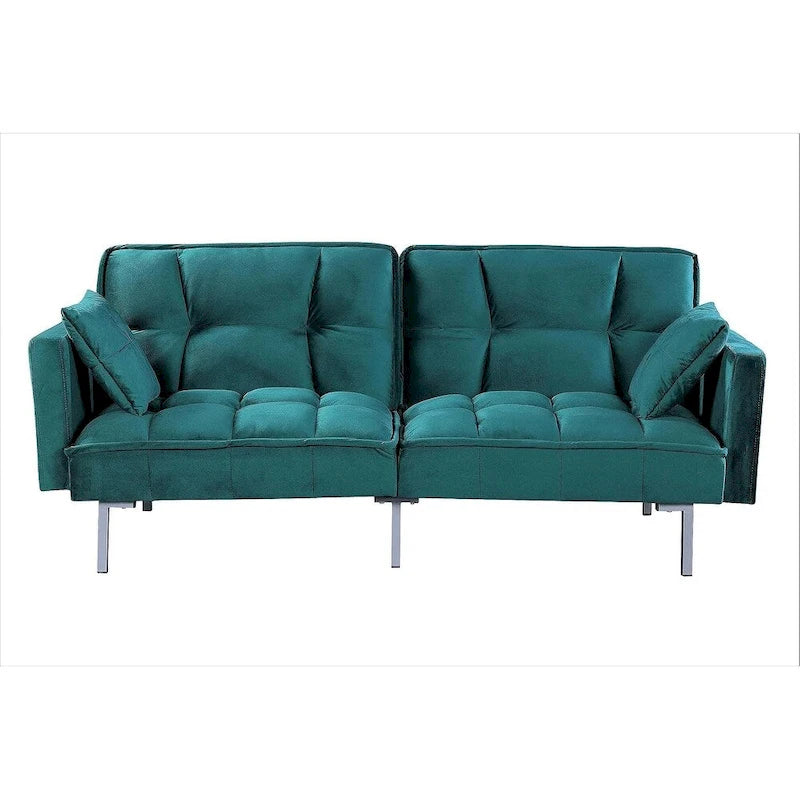 Convertible Sleeper Sofa Bed Velvet Pull Out Couch with Mid-Century Style Tufted Design and Metal Legs