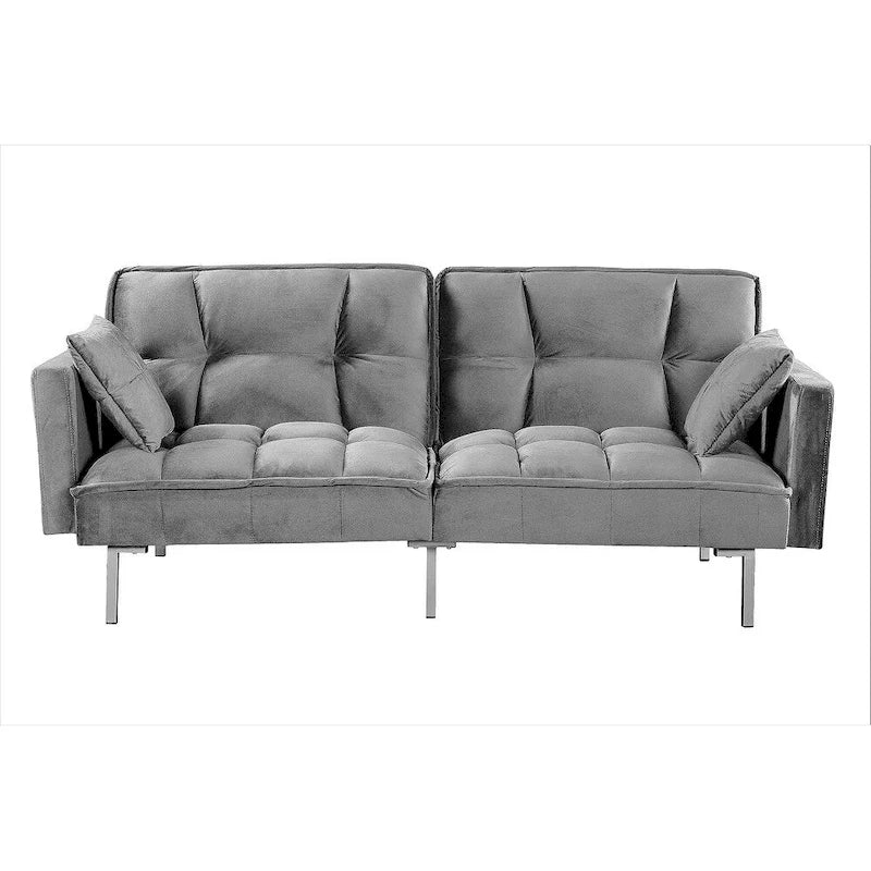 Convertible Sleeper Sofa Bed Velvet Pull Out Couch with Mid-Century Style Tufted Design and Metal Legs