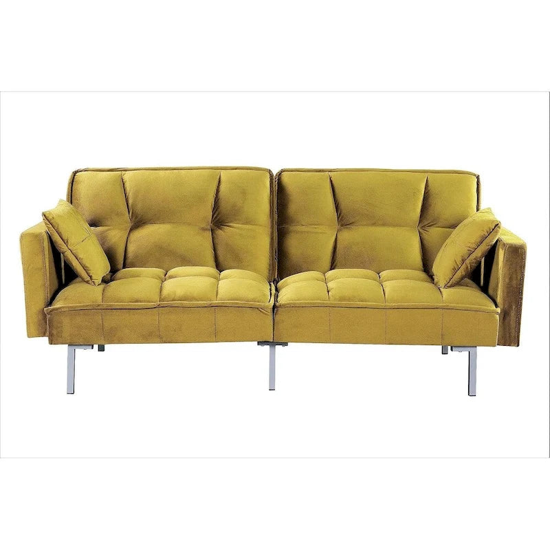 Convertible Sleeper Sofa Bed Velvet Pull Out Couch with Mid-Century Style Tufted Design and Metal Legs