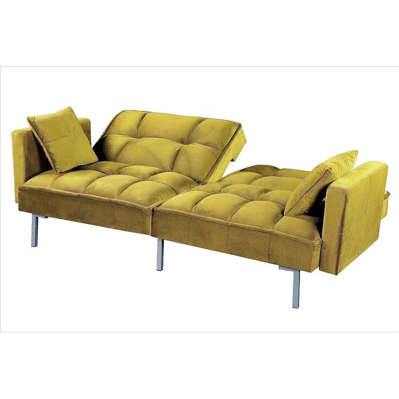 Convertible Sleeper Sofa Bed Velvet Pull Out Couch with Mid-Century Style Tufted Design and Metal Legs
