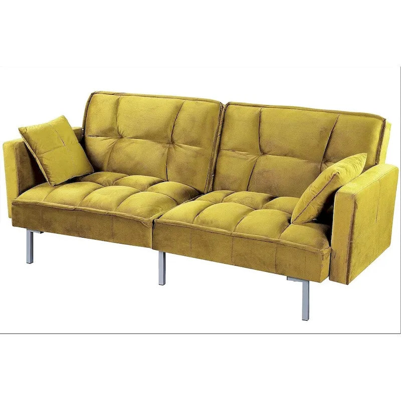 Convertible Sleeper Sofa Bed Velvet Pull Out Couch with Mid-Century Style Tufted Design and Metal Legs