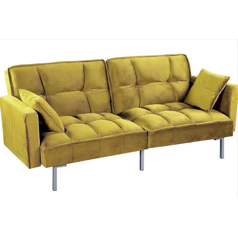 Convertible Sleeper Sofa Bed Velvet Pull Out Couch with Mid-Century Style Tufted Design and Metal Legs