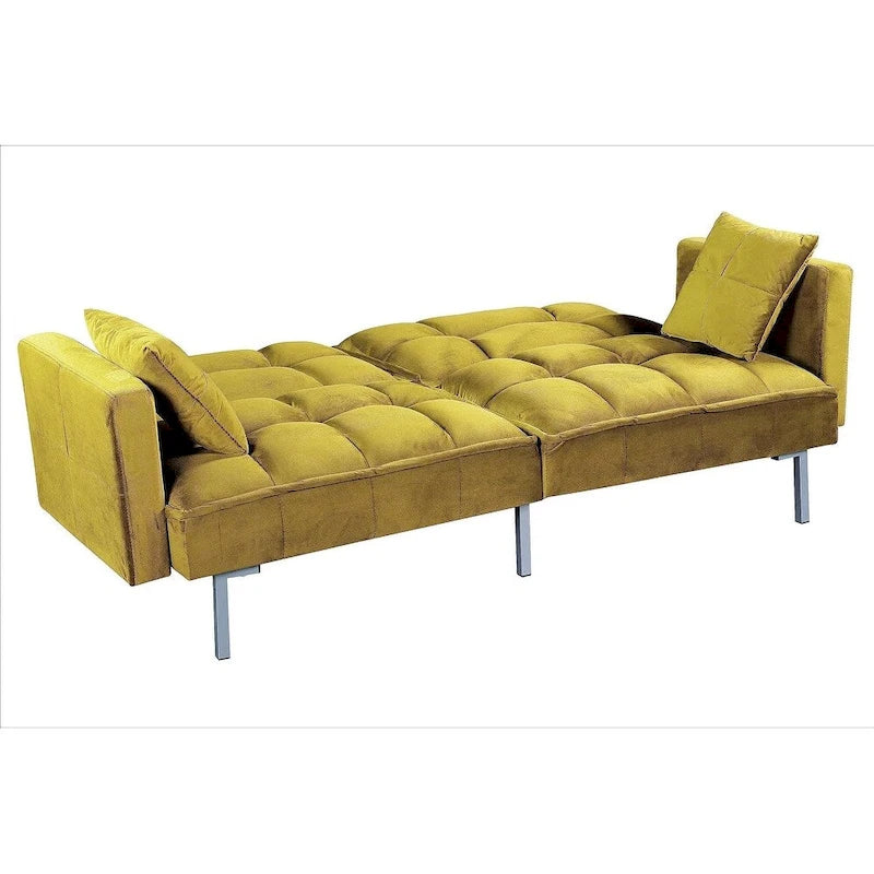 Convertible Sleeper Sofa Bed Velvet Pull Out Couch with Mid-Century Style Tufted Design and Metal Legs