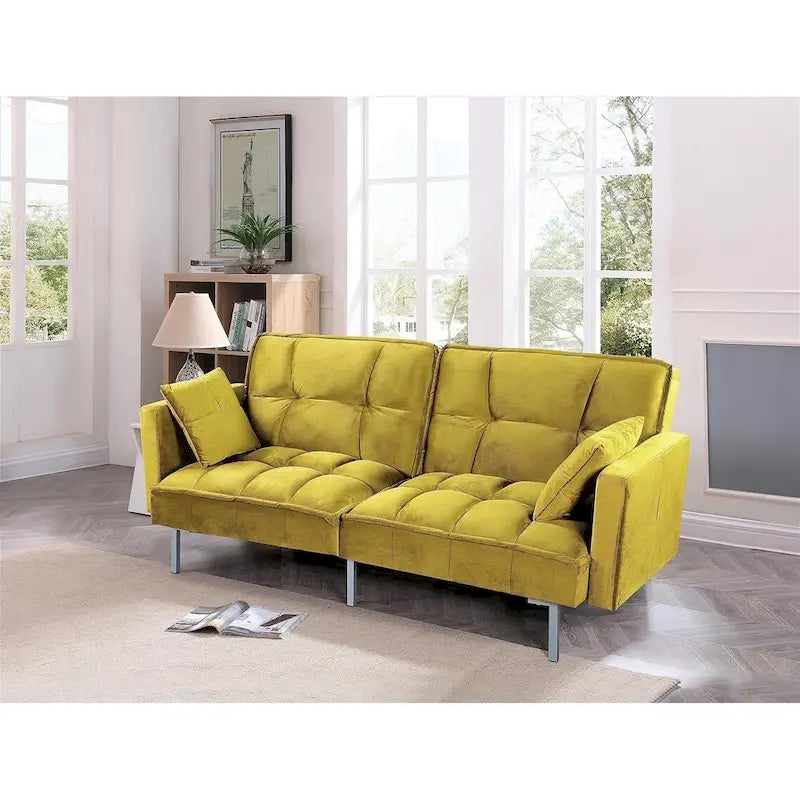 Convertible Sleeper Sofa Bed Velvet Pull Out Couch with Mid-Century Style Tufted Design and Metal Legs