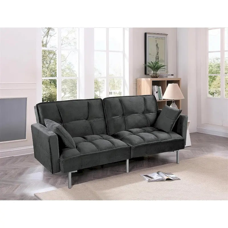 Convertible Sleeper Sofa Bed Velvet Pull Out Couch with Mid-Century Style Tufted Design and Metal Legs