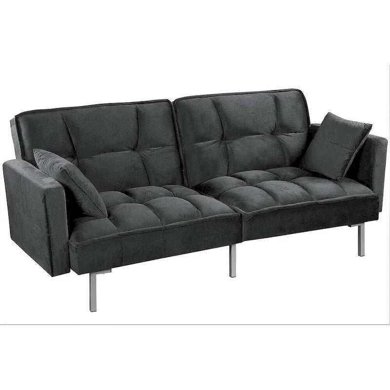 Convertible Sleeper Sofa Bed Velvet Pull Out Couch with Mid-Century Style Tufted Design and Metal Legs