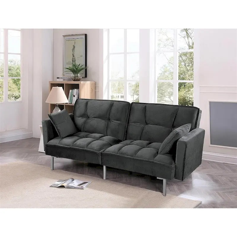 Convertible Sleeper Sofa Bed Velvet Pull Out Couch with Mid-Century Style Tufted Design and Metal Legs