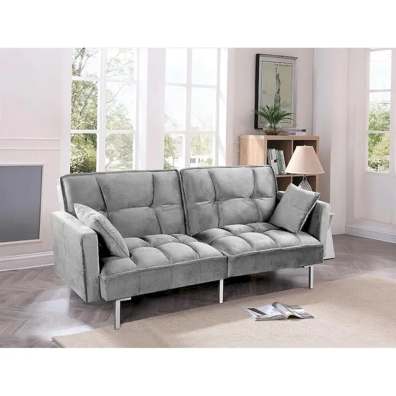 Convertible Sleeper Sofa Bed Velvet Pull Out Couch with Mid-Century Style Tufted Design and Metal Legs