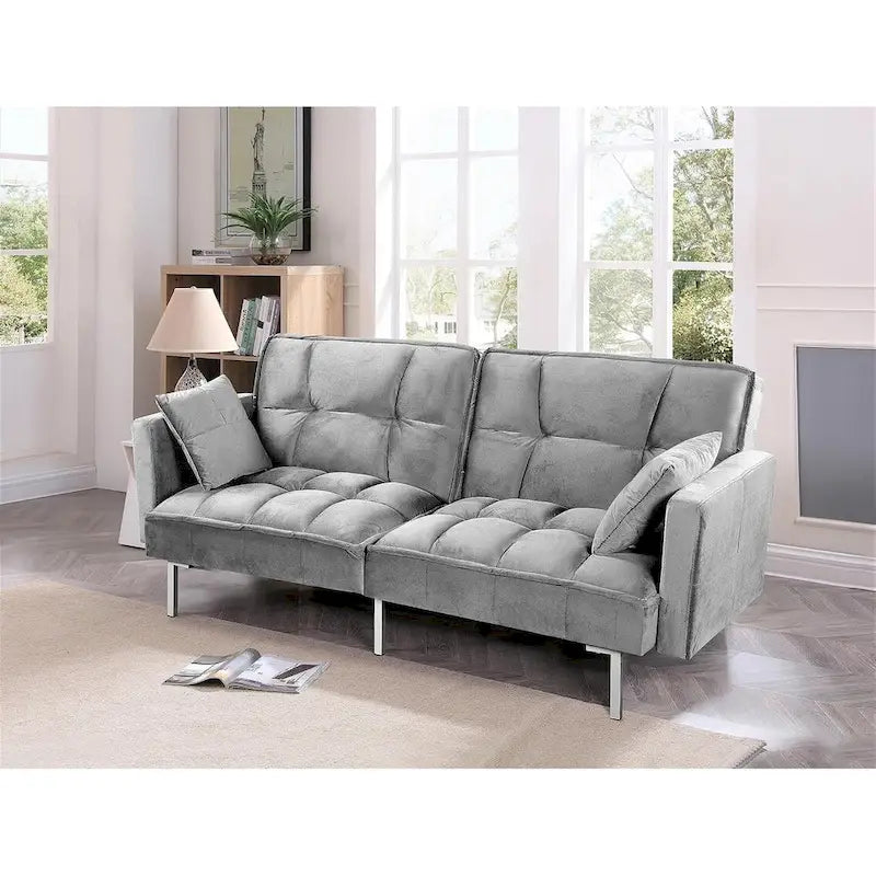 Convertible Sleeper Sofa Bed Velvet Pull Out Couch with Mid-Century Style Tufted Design and Metal Legs