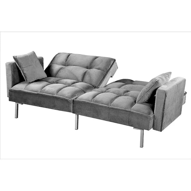Convertible Sleeper Sofa Bed Velvet Pull Out Couch with Mid-Century Style Tufted Design and Metal Legs