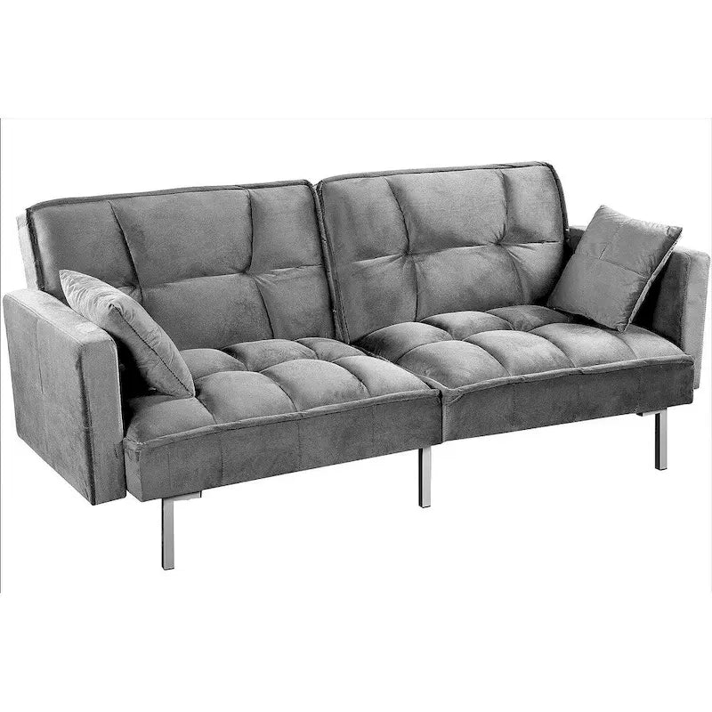 Convertible Sleeper Sofa Bed Velvet Pull Out Couch with Mid-Century Style Tufted Design and Metal Legs