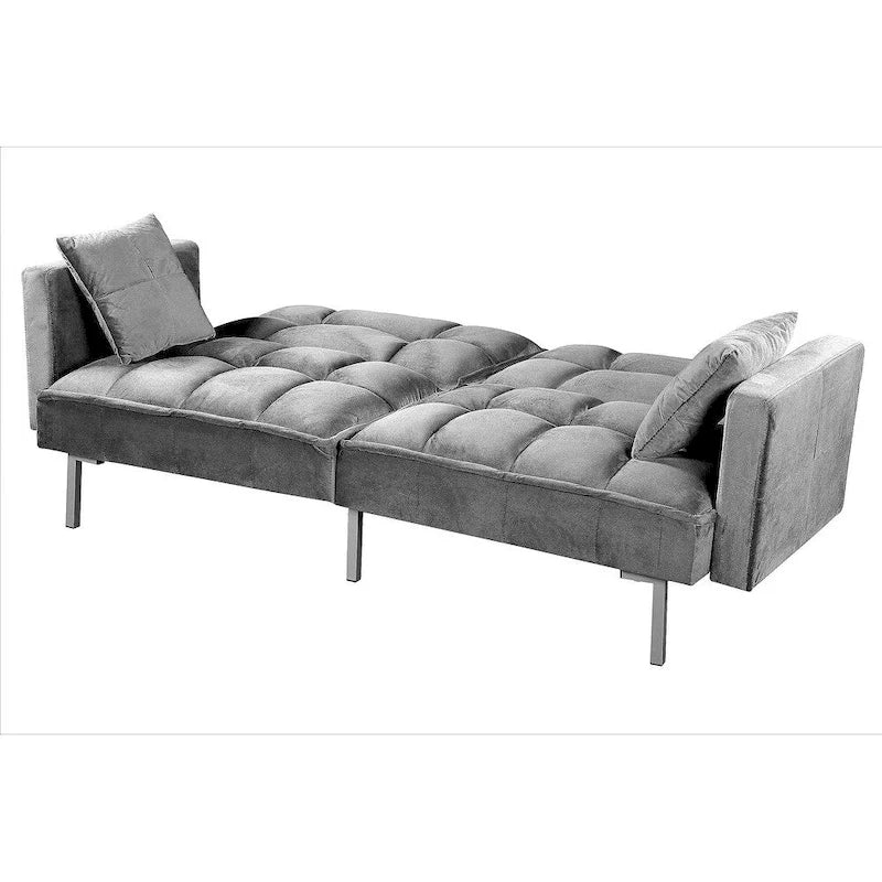 Convertible Sleeper Sofa Bed Velvet Pull Out Couch with Mid-Century Style Tufted Design and Metal Legs