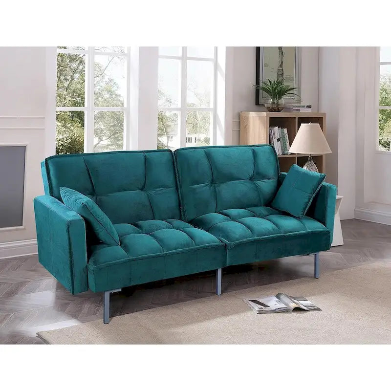Convertible Sleeper Sofa Bed Velvet Pull Out Couch with Mid-Century Style Tufted Design and Metal Legs