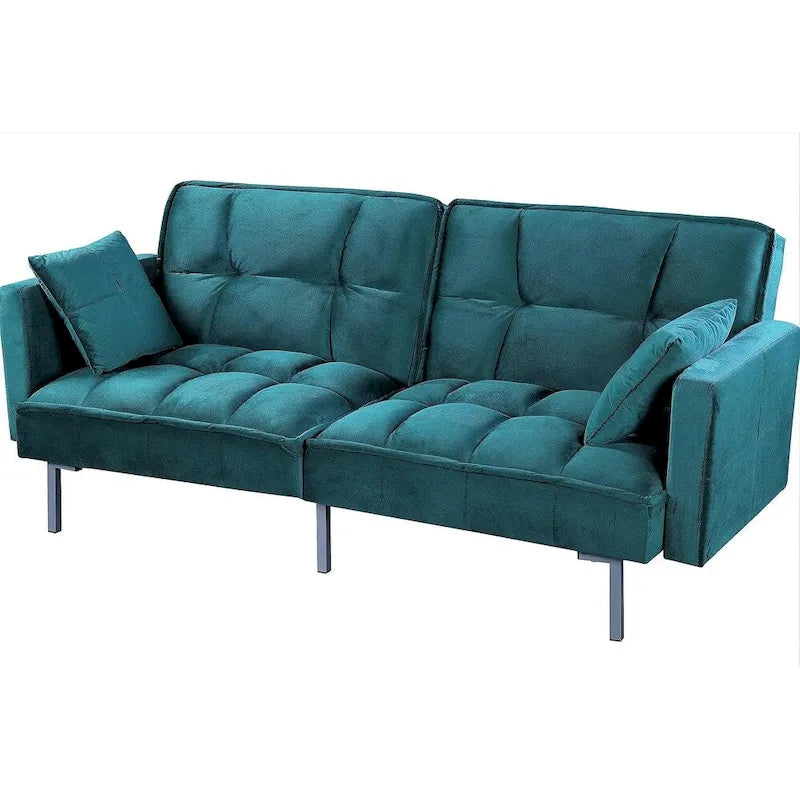 Convertible Sleeper Sofa Bed Velvet Pull Out Couch with Mid-Century Style Tufted Design and Metal Legs