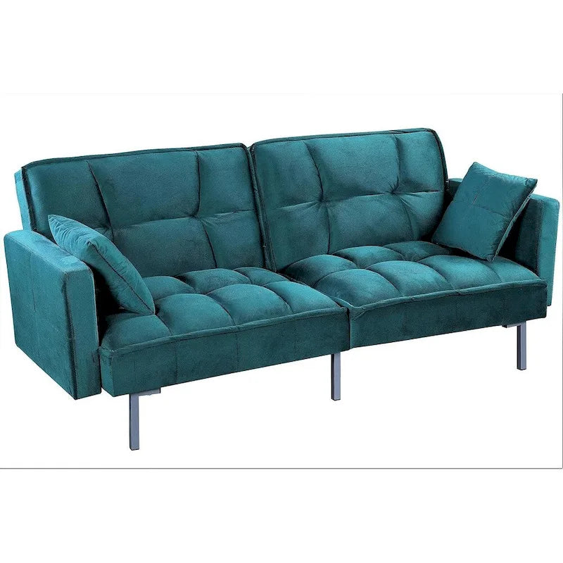Convertible Sleeper Sofa Bed Velvet Pull Out Couch with Mid-Century Style Tufted Design and Metal Legs