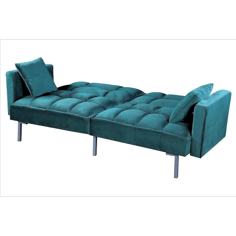 Convertible Sleeper Sofa Bed Velvet Pull Out Couch with Mid-Century Style Tufted Design and Metal Legs