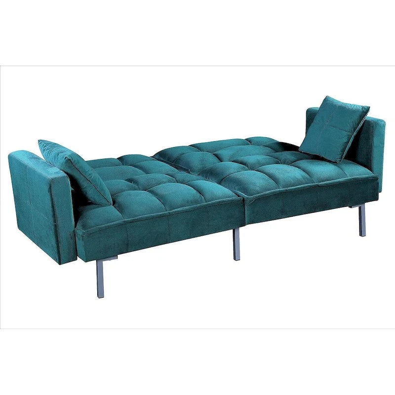 Convertible Sleeper Sofa Bed Velvet Pull Out Couch with Mid-Century Style Tufted Design and Metal Legs
