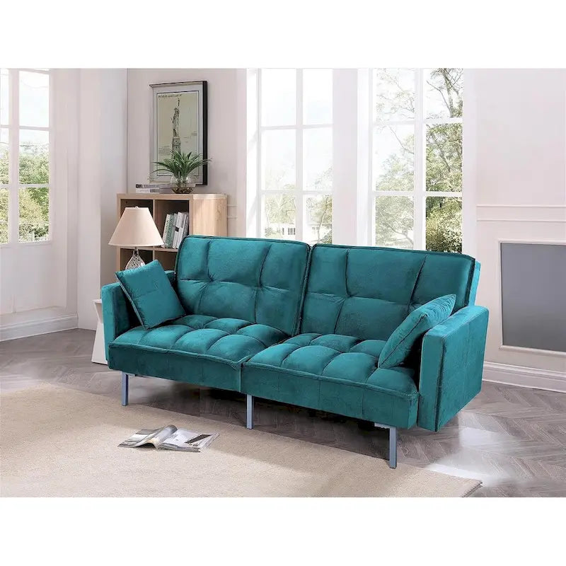 Convertible Sleeper Sofa Bed Velvet Pull Out Couch with Mid-Century Style Tufted Design and Metal Legs
