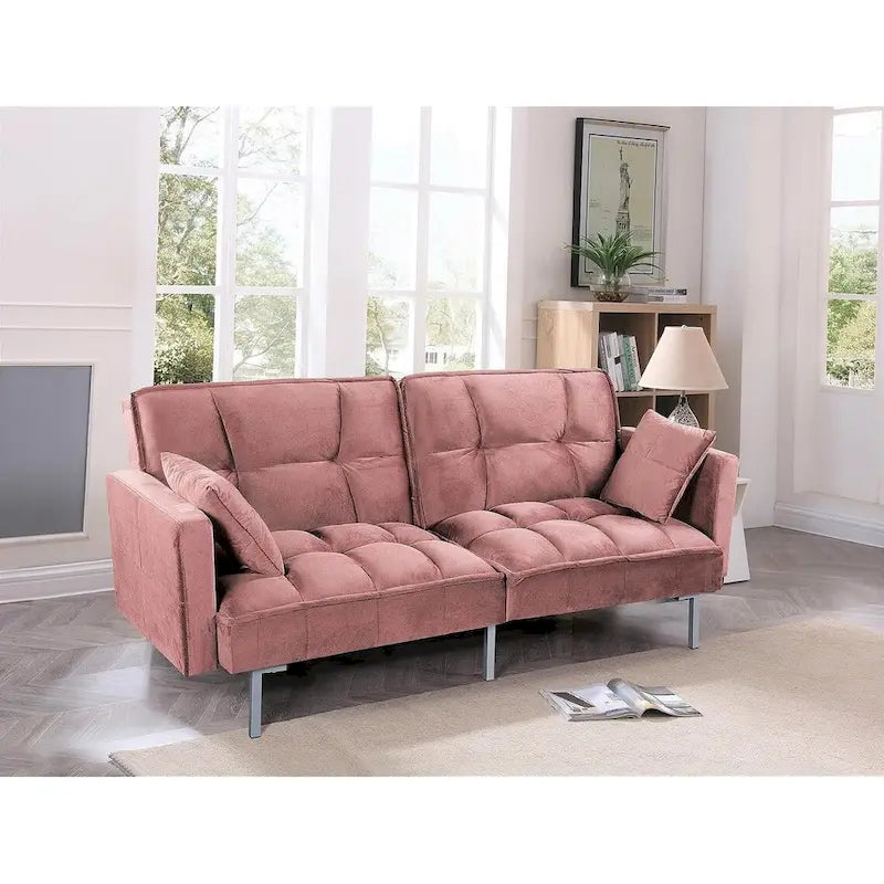 Convertible Sleeper Sofa Bed Velvet Pull Out Couch with Mid-Century Style Tufted Design and Metal Legs