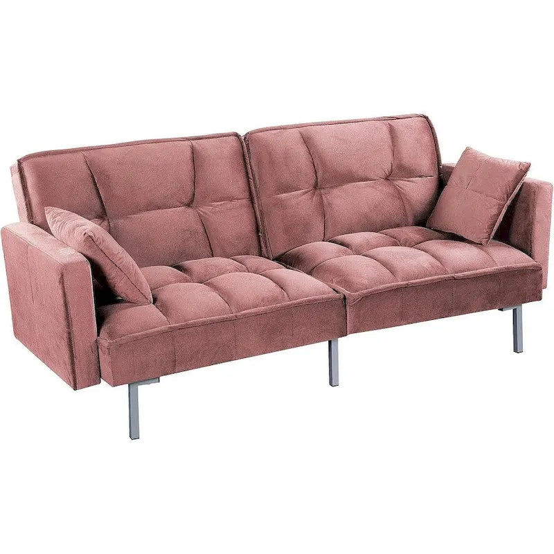 Convertible Sleeper Sofa Bed Velvet Pull Out Couch with Mid-Century Style Tufted Design and Metal Legs