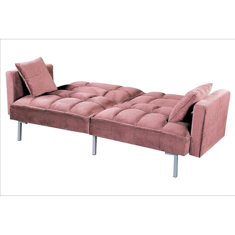 Convertible Sleeper Sofa Bed Velvet Pull Out Couch with Mid-Century Style Tufted Design and Metal Legs