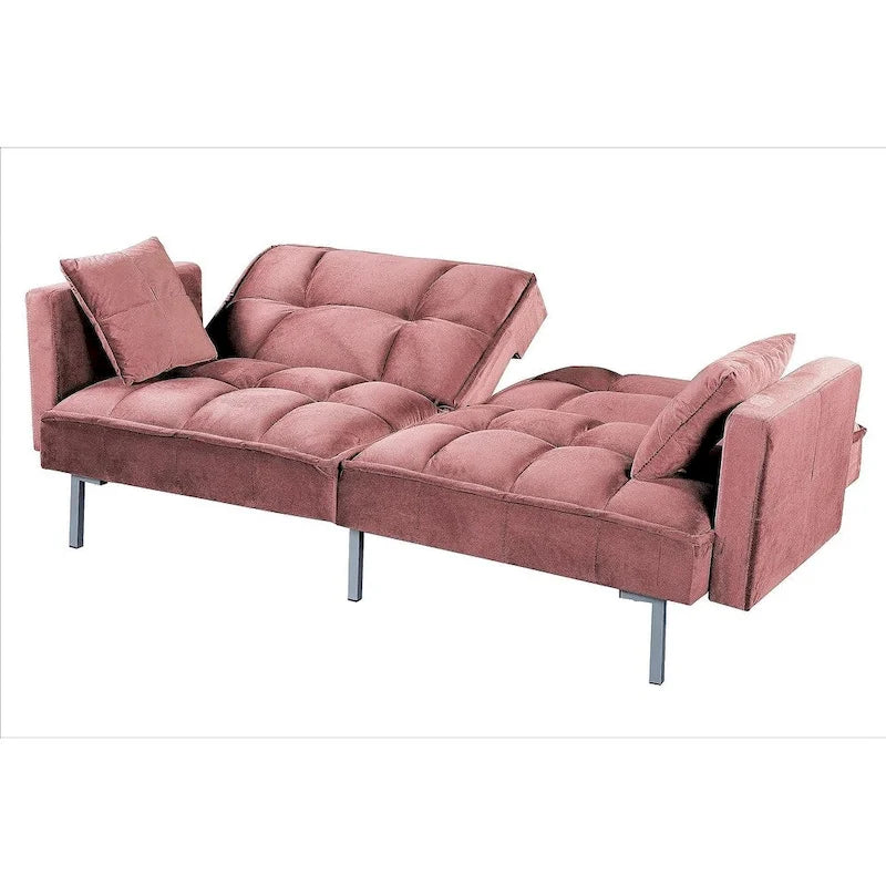 Convertible Sleeper Sofa Bed Velvet Pull Out Couch with Mid-Century Style Tufted Design and Metal Legs