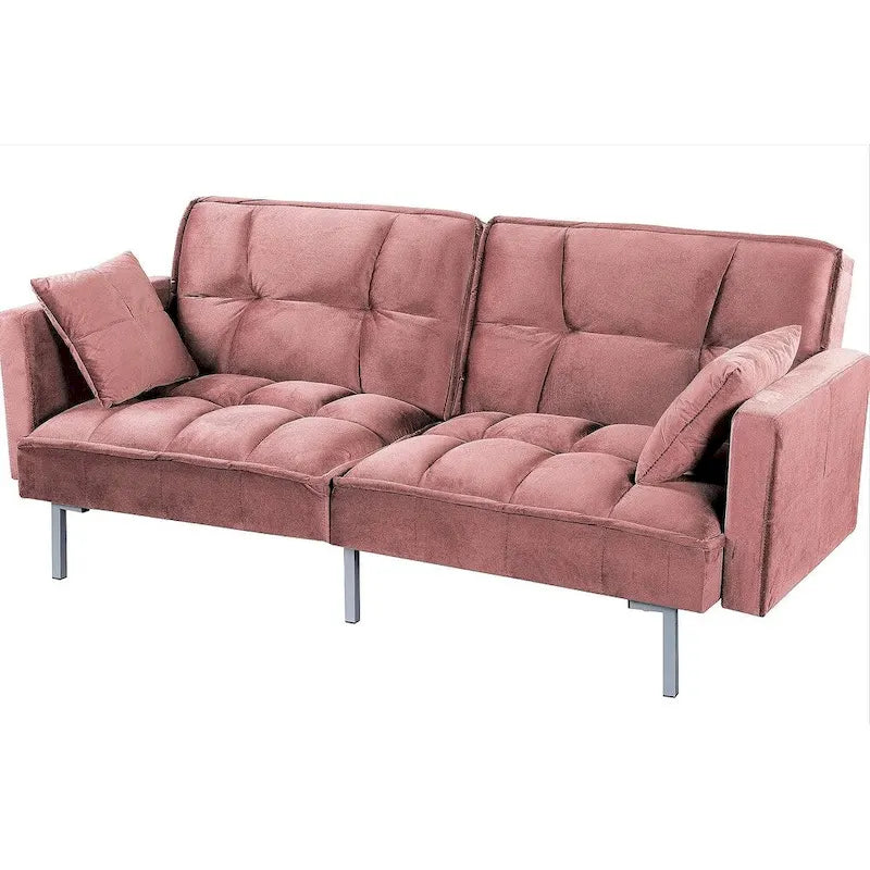 Convertible Sleeper Sofa Bed Velvet Pull Out Couch with Mid-Century Style Tufted Design and Metal Legs