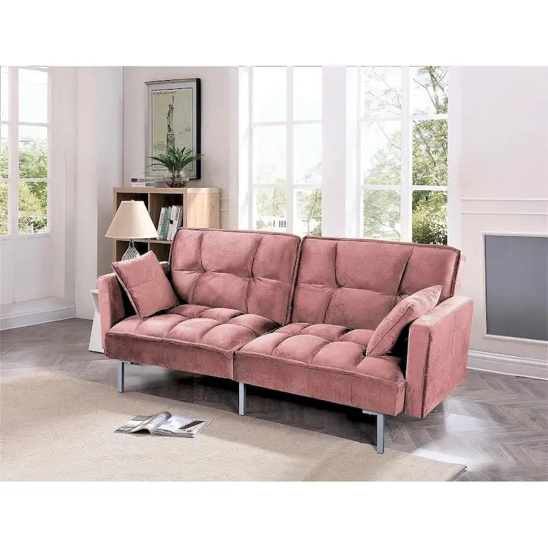 Convertible Sleeper Sofa Bed Velvet Pull Out Couch with Mid-Century Style Tufted Design and Metal Legs