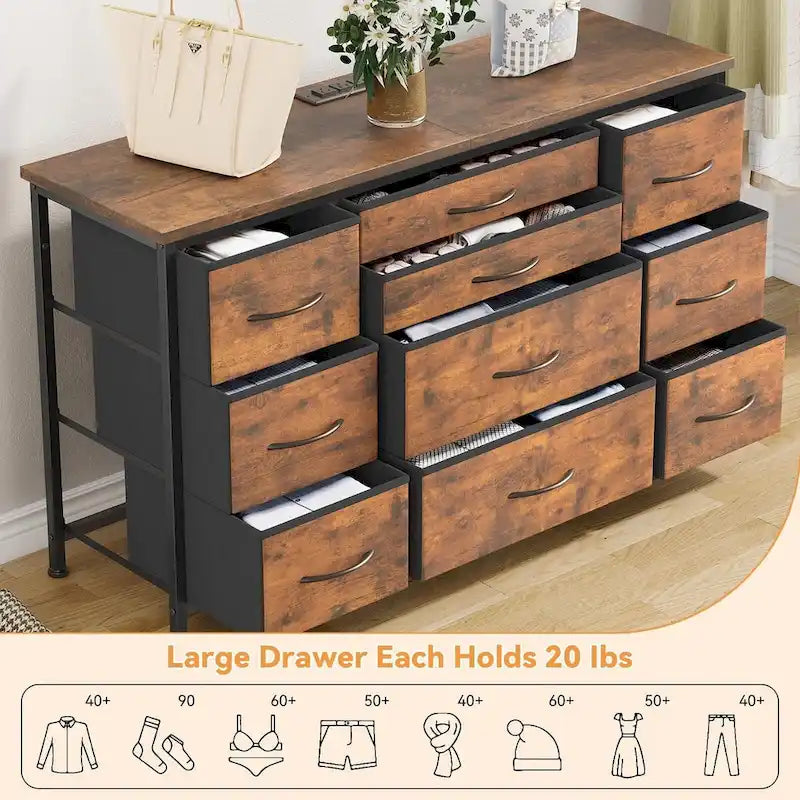 Bedroom Dresser with 10 Large Drawers for 55 Long TV Stand - 55 inches