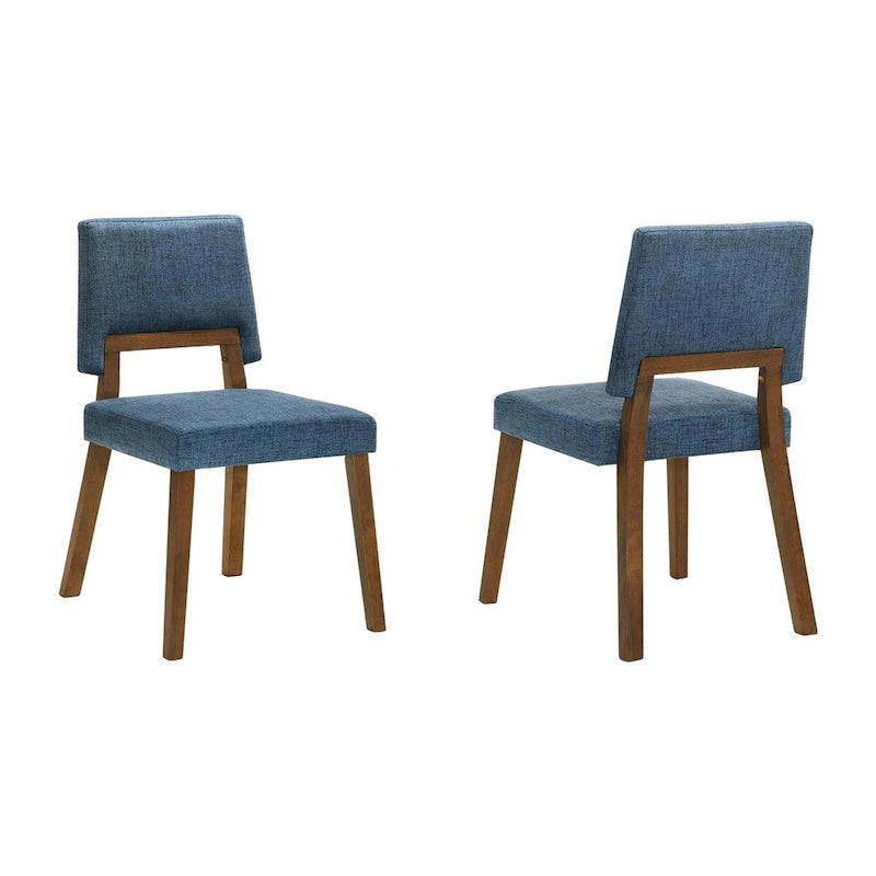 23 Inch Dining Chair, Set of 2, Blue Fabric Seat, Walnut Brown