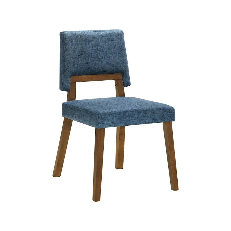 23 Inch Dining Chair, Set of 2, Blue Fabric Seat, Walnut Brown